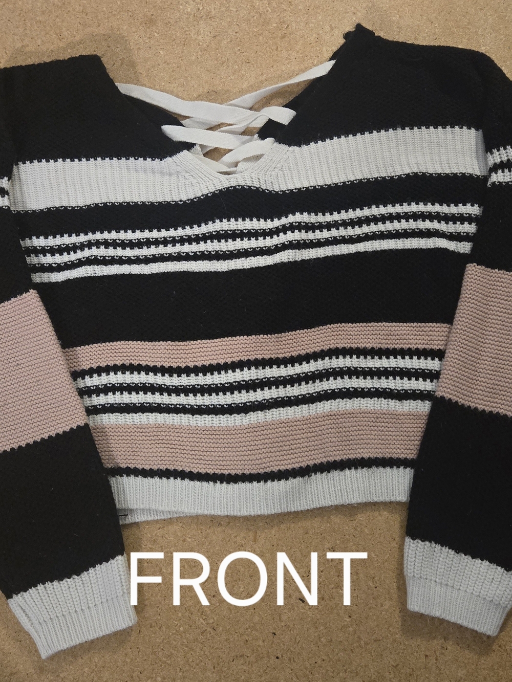 Striped Lace-Up V-Neck Women’s Sweater - Black, White & Blush